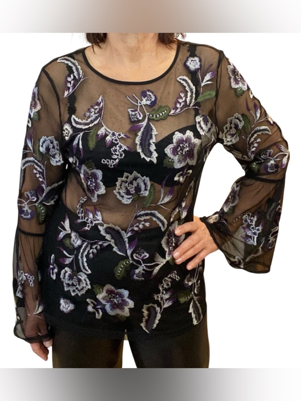 INC International Concepts Black Sheer Floral Embroidered Bell Sleeve Top